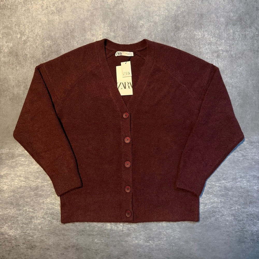 ZARA Womens Small Burgundy Knit V-Neck Cardigan Sweater NWT